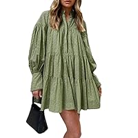 Aofur Summer Cotton V Neck Long Losse Sleeve Casual Party A-Line Dresses Embroidery Short Dress
