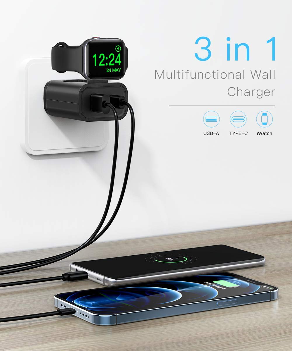 BeaSaf Fast Charger, 24W USB C Charger for iPhone 13/12/Mini/12 Pro Max, Wall Charger with Foldable Apple Watch Wireless Charger, PD Charger for iPhone, AirPods