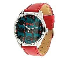 Meow Red Watch Unisex Wrist Watch, Quartz Analog Watch with Leather Band
