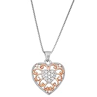 Double Heart Pendant with White Diamonds (1/8 CTTW), Rhodium and Rose Gold Plated Silver, 18-Inch Chain Necklace for Women and Girls