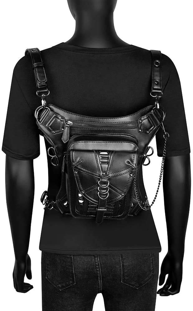 UIYTR Black Gothic Rock PU Leather Steampunk Handbag Waist Pack Vintage Punk Shoulder Messenger Bag