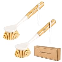 2 Pack Kitchen Dish Brushes with Bamboo Handle, Dish Scrubber Built-in Scraper, Scrub Brush for Pans, Pots, Counter & Kitchen Sink Cleaning, Dishwashing and Cleaning, Perfect Cleaning Tools, White