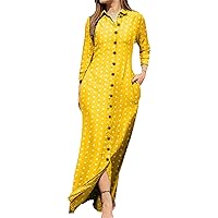 YMING Womens Floral Printed Button Down Shirt Dress Long Sleeve Swing Maxi Dresses Lapel Collar Blouse Dress with Pockets