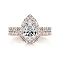 Solid Gold Handmade Engagement Ring 2 CT Pear Cut Moissanite Diamond Halo Bridal Wedding Ring Set for Anniversary Propose Gift