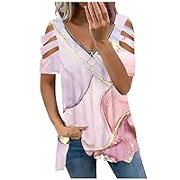 Womens Printed V Neck Tees Plus Size Short Sleeve Loose T Shirts Comfortable 2023 Fashion Summer Tops Blouse