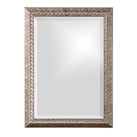 Howard Elliott Malia Hanging Large Rectangular Wall Mirror, Etched Wood Frame, Home Décor Framed Vanity Mirrors for Living Room, Entryway, or Any Room, Silver Leaf, 20 x 28 Inch