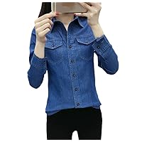 Plus Size Long Sleeve Blouse Denim Shirt Women Pockets Blue Basic Ladies Cotton Jeans Vintage Tops