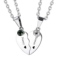 Personalized Couple Necklace Custom Engraving Name Date for Men Women Boyfriend Girlfriend Birthstone Matching Heart Pendant Stainless Steel Adjustable Chain Lover Relationship Gift