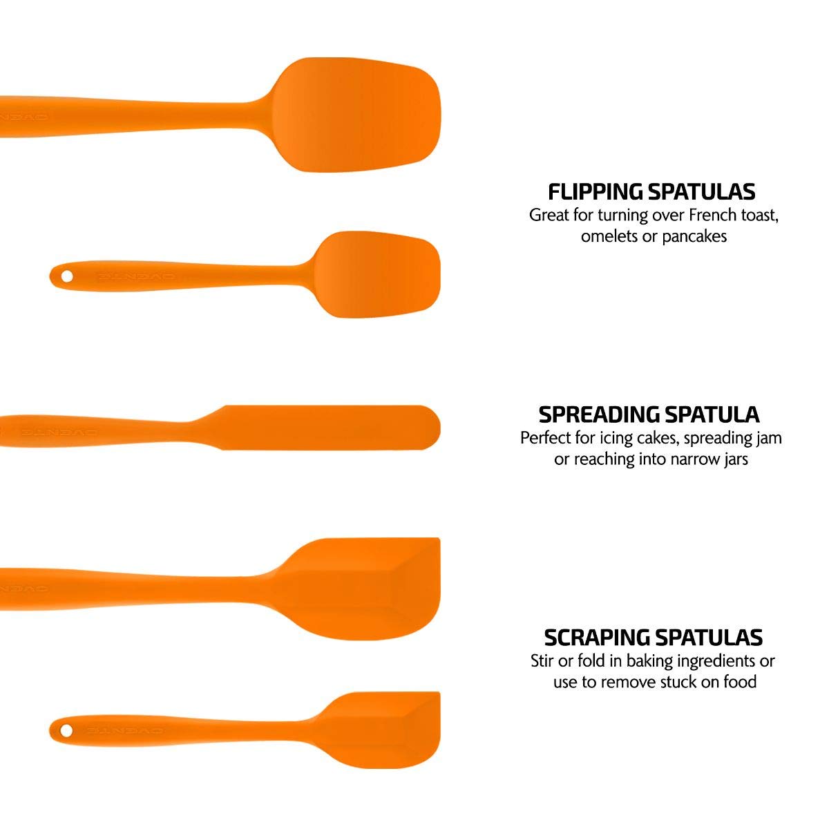 OVENTE Set of 5 Silicone Spatula , Food Grade Rubber Spatulas Heat Resistant w/ Stainless Steel Core & Seamless Design, Non Stick Rubber Spatula for Mixing, Baking & Cooking Orange SP12305O