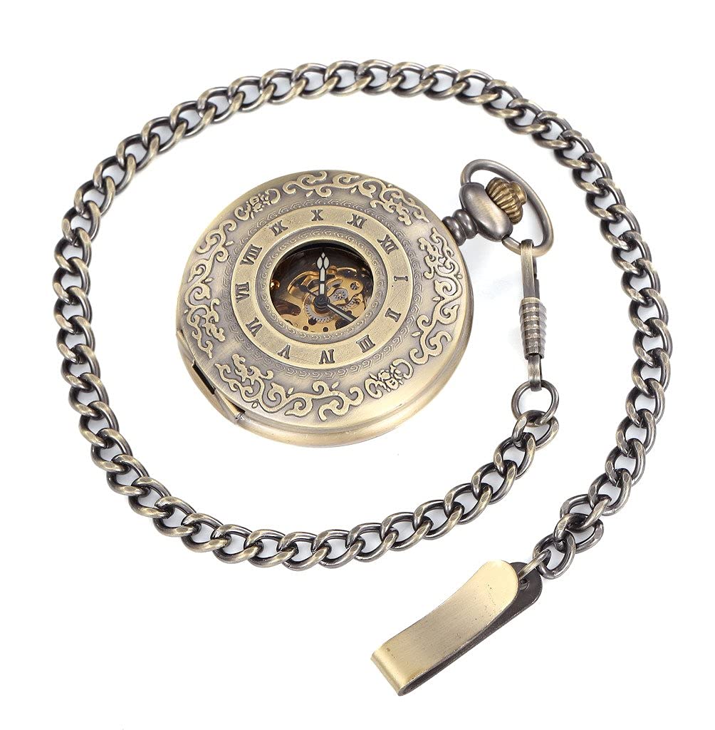 Infinite U Automatic Self-Wind Luminous Mechanical Pocket Watch Court Style Roman Numerals Hollow Skeleton Steel Pendant Necklace Bronze