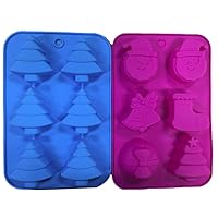 2 Silicone Christmas Soap Molds DIY – Holiday Party Baking Cake Soaps - Trees Stockings Bells & Bows - Santa Claus Flexible Mold Supplies – Xmas Shapes Bundle by Jolly Jon