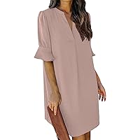 Cocktail Dresses for Women Summer Casual Half Sleeve Solid Color Sexy V Neck Tunic Pleated Flowy Beach Party Dress