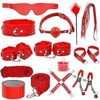 SM Erotic Set: Nipple Clips, Blindfold, Ball Gag, Restraints, Handcuffs, Bed Props - Sensual Pleasure in Red.