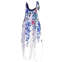 Jumpsuits for Women Summer Casual Floral Printed Rompers Shoulder Strap Cotton Linen Baggy Overalls with Pockets