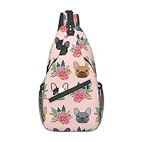 French Bulldog And Flowers Sling Backpack, Multipurpose Travel Hiking Daypack Rope Crossbody Shoulder Bag