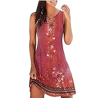 Casual Summer Dresses for Women Vintage Floral Print Sleeveless Tank Dress Hollow Out A-Line Flowy Beach Sundresses