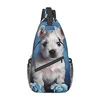 Puppy Blue Rose Printed Crossbody Sling Backpack,Casual Chest Bag Daypack,Crossbody Shoulder Bag For Travel Sports Hiking