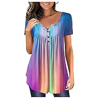Womens Summer Tops 2024, Women's Gradient Color Tops Short Sleeve V Neck T Shirts Pleated Flowy Summer Casual Tees