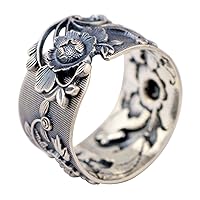 Black Wide Solid 999 Sterling Silver Peony Flower Ring Vintage Jewelry for Women Girls 15mm Open and Adjustable