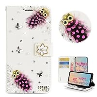 STENES Bling Wallet Phone Case Compatible with iPhone 13 Pro Max 6.7 inch 2021 Case - Stylish - 3D Handmade Night Owl Flowers Glitter Magnetic Wallet Stand Leather Cover Case - White