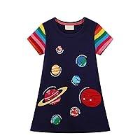 Girls' Spring Summer Space Planet Pattern Dress New Knitted Short Sleeve Children's Sundress for Casual School