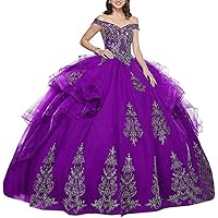 Women's Off Shoulder Beaded Quinceanera Dresses Tulle Applique Ball Gown Dresses