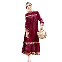 Women's Mulberry Silk Temperament Dress,Long Sleeve Loose A-Line Outfit