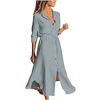 Spring Dresses for Women 2024 Casual Button Lapel Drawstring Dress Cotton Linen Dress Plus Size Flowy Maxi Dress