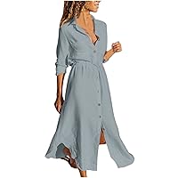 Plus Size Women Waist-Defined Lace-Up Shirt Dress Button Down Cotton Linen Long Sleeve Dressy Casual Solid Dresses