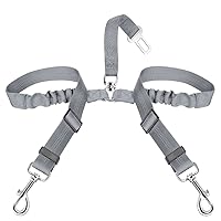 SlowTon Dog Seat Belt, Double Dog Seatbelt Adjustable Vehicle Safety Leash with Elastic Bungee Buffer, Reflective No Tangle Y Shape Two Dog Harness Seat Belt Splitter for Pets Car Trip (Grey, S)