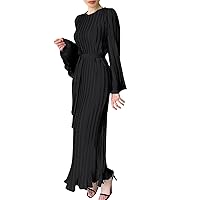 Small Junior Dresses Women Casual Solid Color Round Neck Bell Sleeve Pleated Dress