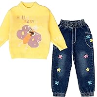 Peacolate Spring Autumn 2-10 Years Little&Big Girl Sweater and Embroidered Jeans 2pcs Clothing Set(Yellow,2Years)