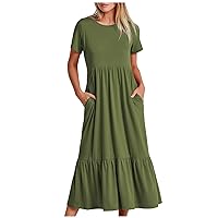 Womens Summer A-Line Dress 2024 Casual Short Sleeve Loose Fit Pleated Boho Dresses Flowy Swing Long Beach Sun Dress