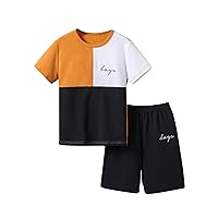 Floerns Boy's 2 Piece Outfits Colorblock Short Sleeve T Shirt with Track Shorts Sets