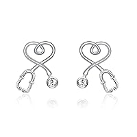 Stethoscope Earrings 925 Sterling Silver Heart Studs Earrings Simulated 12 Months Birthstone Crystals from Austria, 2023 Christmas Graduation Jewelry Gifts for Nurse Doctor RN Medical Student