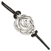 Stainless Steel Polished Fancy Lobster Closure Flower With CZ Cubic Zirconia Simulated Diamond and Leather Cord 6inch W/2in Extender Bracelet Measures 33.3mm Wide Jewelry for Women