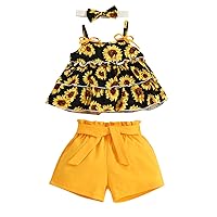 Toddler Girls Sleeveless Ruffles Sunflower Prints T Shirt Tops Vest Shorts Headbands Outfit Cute Kids