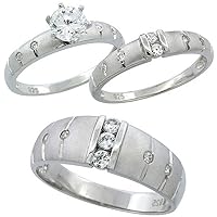 Sterling Silver Cubic Zirconia Trio Engagement Wedding Ring Set for Him and Her 7.5 mm Channel Set, L 5-10 & M 8-14