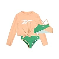 Reebok Girls' Rash Guard Set - 3 Piece UPF 50+ Long Sleeve Swim Shirt with Bikini Swimsuit - Swimwear Set for Girls (4-16)