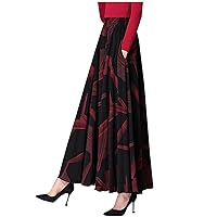 Long Plaid Wool Skirt for Womens Winter Fall High Elastic Waist Vintage Slim A Line Flared Pleated Wool Skirts