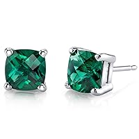 Peora Created Emerald Stud Earrings for Women in 14K White Gold, Classic Solitaire, Cushion Cut 6mm, 1.75 Carats total, Friction Back