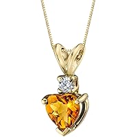 PEORA 14K Yellow Gold Citrine and Diamond Pendant, Genuine Gemstone Birthstone, 0.75 Carat total Heart Shape Solitaire 6mm AAA Grade