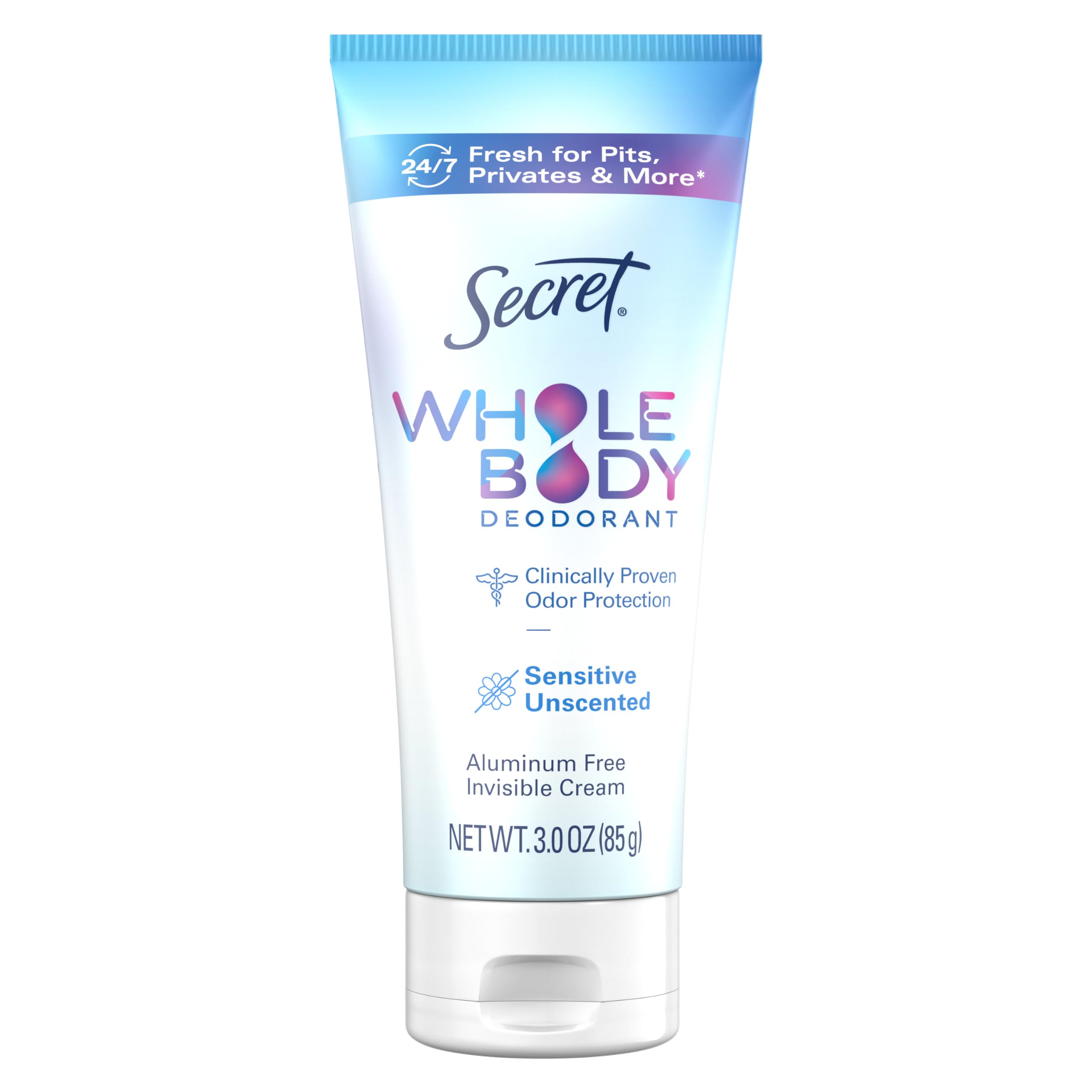 Secret Whole Body Deoderant Cream for Women, Unscented, Aluminum Free Deoderant Cream, 24/7 Freshness, 3.0 oz