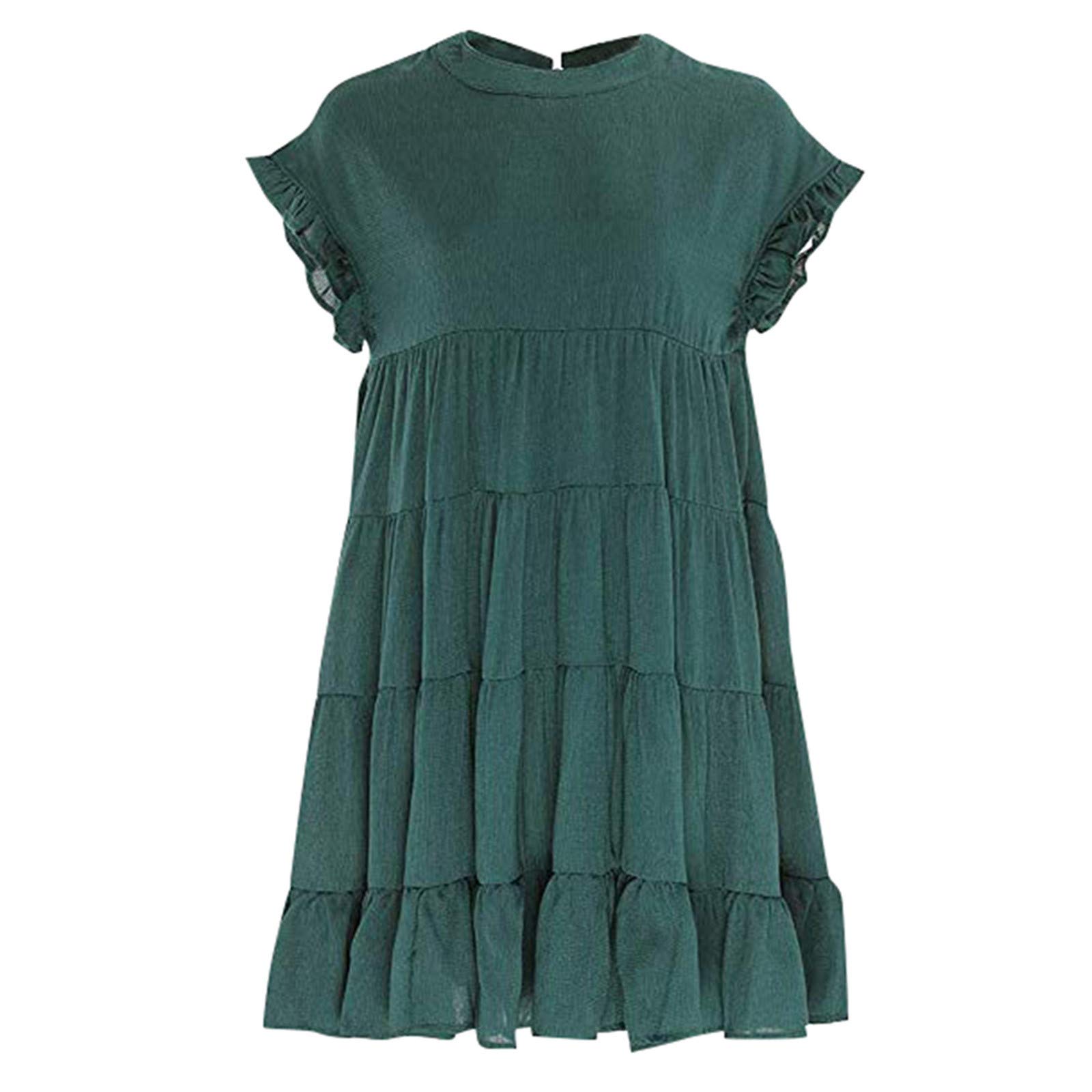 2023 Women's Ruffle Sleeve Round Neck Mini Dress Summer Casual Solid Loose Short Flowy Pleated Dress Swing Party Dress