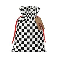 WURTON Gift Bag With Drawstring, Black And White Checkered Canvas Gift Bags, Present Wrap Bags For Christmas, 12 X 8 In