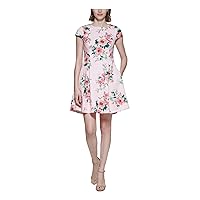 Jessica Howard Womens Pink Pocketed Lined Zippered Floral Cap Sleeve Jewel Neck Short Fit + Flare Dress Petites 10P