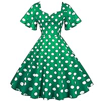 Women's 1950s Vintage Dresses Trendy Ruffle Short Sleeve Polka Dots Cocktail Dress Ruched V Neck Cute Tea Party Dress