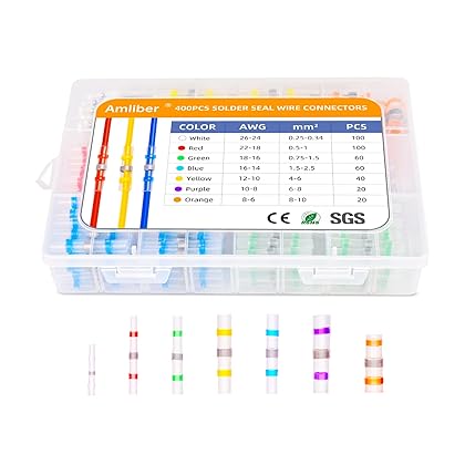 Amliber 400PCS Solder Seal Wire Connectors 26-6 Gauge, Heat Shrink Butt Connectors Solderstick Waterproof Wire Electrical Connector Kit for Marine Automotive Boat Truck Wire Joint