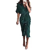 BTFBM Women 2024 Button Down Ruched Shirt Dresses Short Sleeve Lapel V Neck Elegant Party Spring Summer Maxi Satin Dress