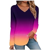 Women's Shirts Casual Graphic Tees for Women Women's Fashion Casual Printed V-Neck Long Sleeve Blouses Tops 06-Dark Purple X-Large